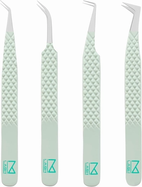 M LASH Tweezers for Eyelash Extensions (Set of 4) - Professional Lash Extension Tweezers - Fiber Tip, Japanese Steel, Diamond Grip Eyelash Extension Tweezer (ET-GRN)