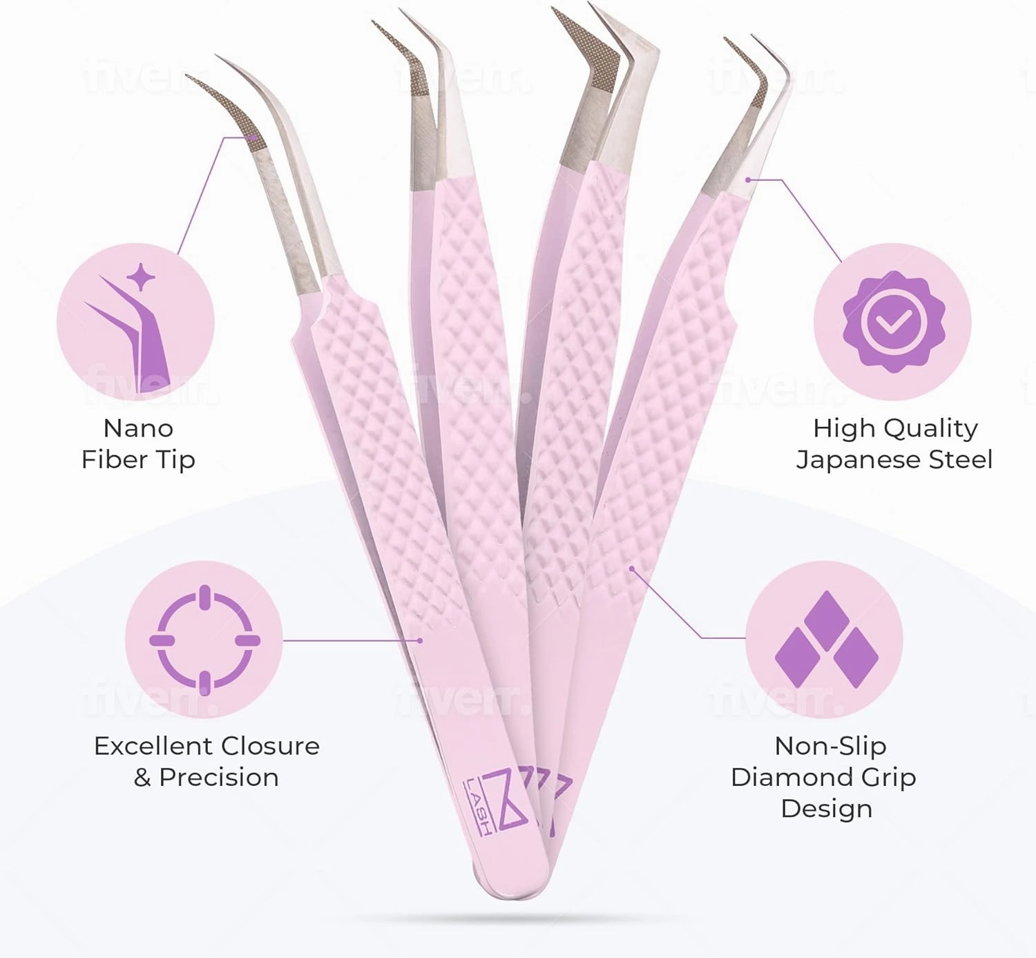 M LASH Tweezers for Eyelash Extensions (Set of 4) - Professional Lash Extension Tweezers - Fiber Tip, Japanese Steel, Diamond Grip Eyelash Extension Tweezer (ET-GRN)