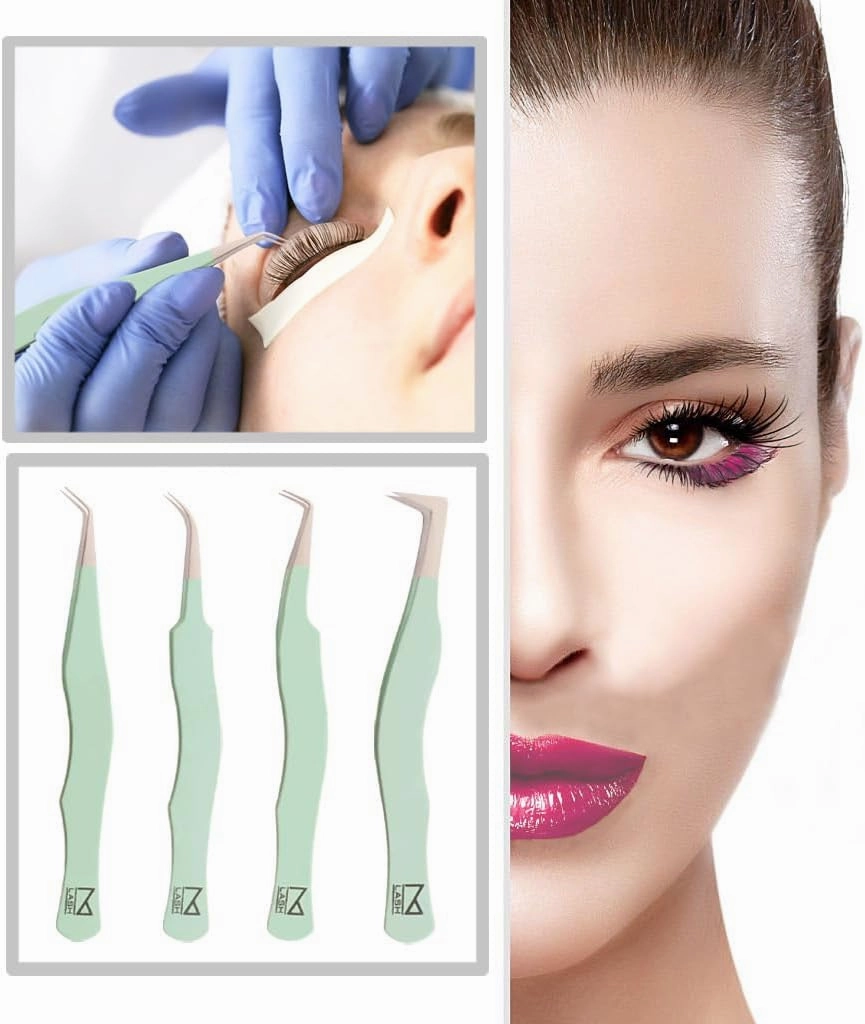 M LASH Tweezers for Eyelash Extensions (Set of 4) - Professional Lash Extension Tweezers - Fiber Tip, Japanese Steel, Diamond Grip Eyelash Extension Tweezer (H-SET)