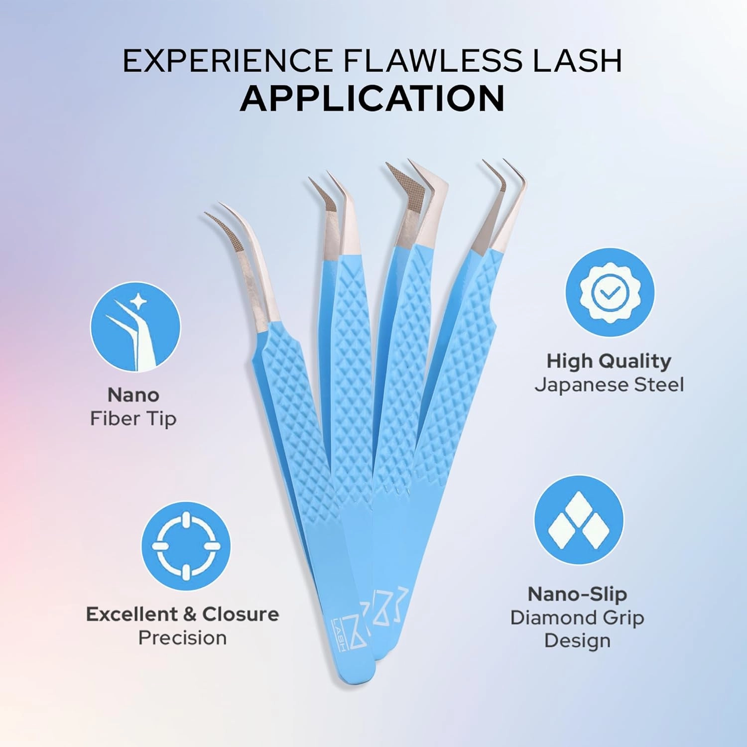 M LASH Tweezers for Eyelash Extensions (Set of 4) - Professional Lash Extension Tweezers - Fiber Tip, Japanese Steel, Diamond Grip Eyelash Extension Tweezer (H-SET)