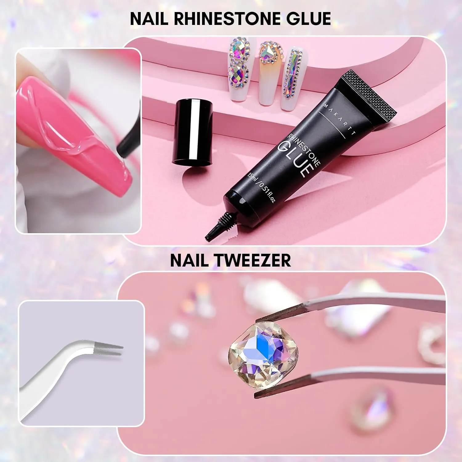 Makartt Gel Polish Nail Gems With Nail Rhinestone Glue Set,1968PCS Nail Art Rhinestones Kit with Tweezer,3D Nail Gel AB Crystal Nail Decorations Crafts Acrylic Press On Nails Gifts for Girls