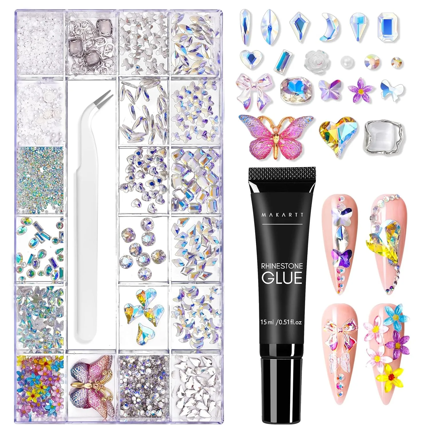 Makartt Gel Polish Nail Gems With Nail Rhinestone Glue Set,1968PCS Nail Art Rhinestones Kit with Tweezer,3D Nail Gel AB Crystal Nail Decorations Crafts Acrylic Press On Nails Gifts for Girls