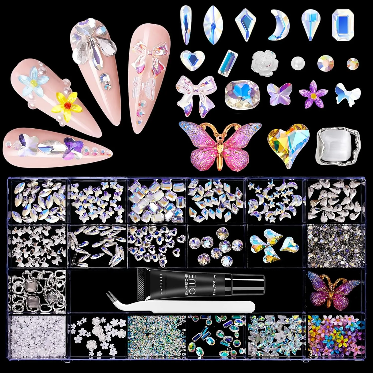Makartt Gel Polish Nail Gems With Nail Rhinestone Glue Set,1968PCS Nail Art Rhinestones Kit with Tweezer,3D Nail Gel AB Crystal Nail Decorations Crafts Acrylic Press On Nails Gifts for Girls
