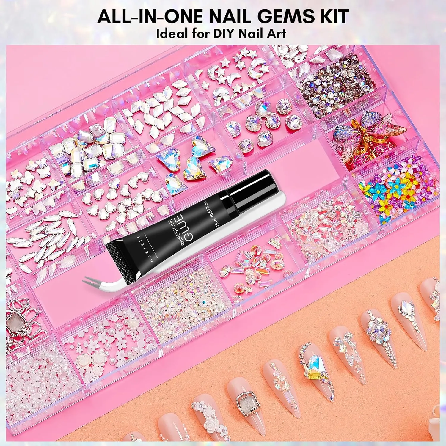 Makartt Gel Polish Nail Gems With Nail Rhinestone Glue Set,1968PCS Nail Art Rhinestones Kit with Tweezer,3D Nail Gel AB Crystal Nail Decorations Crafts Acrylic Press On Nails Gifts for Girls