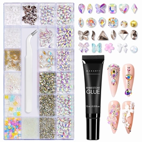 Makartt Gel Polish Nail Gems With Nail Rhinestone Glue Set,3775Pcs Nail Art Rhinestones Kit AB Crystal Nail Decorations,3D Nail Gel With Tweezer For Nail Design Nail Crafts Acrylic On Nails