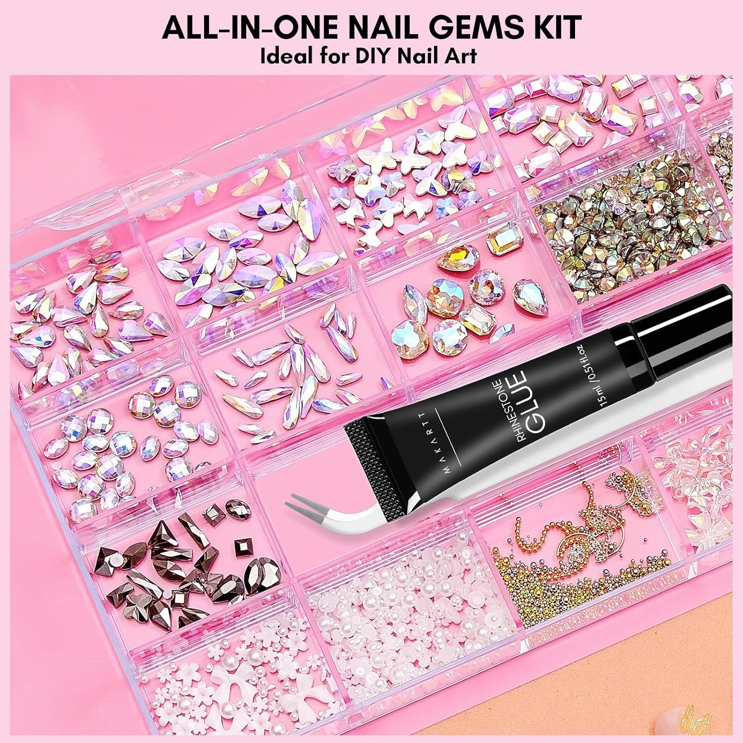 Makartt Gel Polish Nail Gems With Nail Rhinestone Glue Set,3775Pcs Nail Art Rhinestones Kit AB Crystal Nail Decorations,3D Nail Gel With Tweezer For Nail Design Nail Crafts Acrylic On Nails