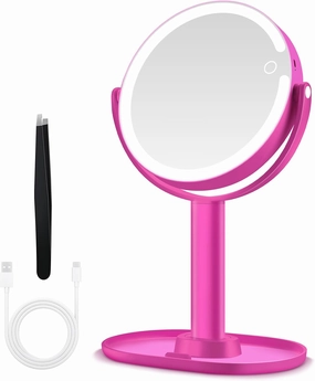 Makeup Mirror with Lights, Double Sided 1x/20x Magnifying Mirror with Light, Rechargeable 3 Color Lights and Adjustable Brightness, 360° Rotation Detachable Comes with Tweezer(Hotpink)