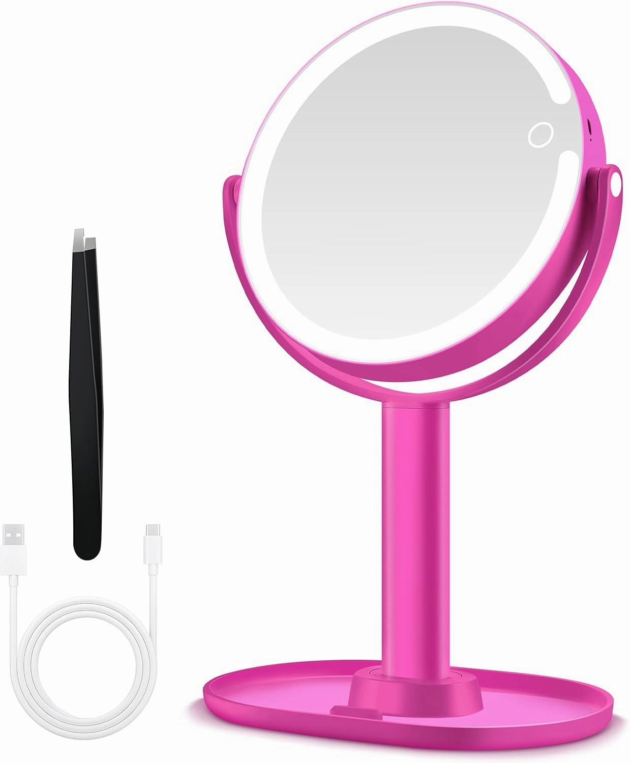 Makeup Mirror with Lights, Double Sided 1x/20x Magnifying Mirror with Light, Rechargeable 3 Color Lights and Adjustable Brightness, 360° Rotation Detachable Comes with Tweezer(Hotpink)