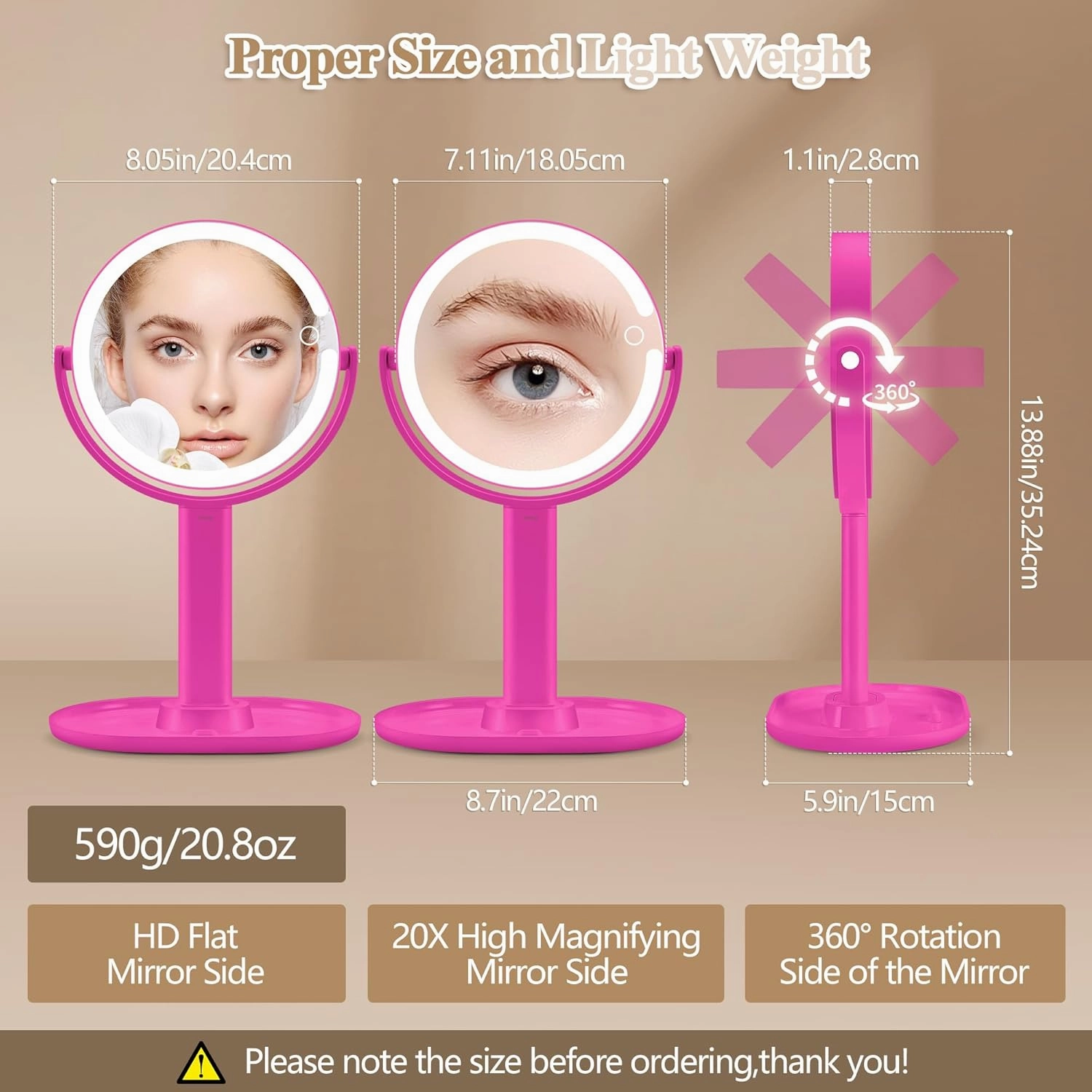 Makeup Mirror with Lights, Double Sided 1x/20x Magnifying Mirror with Light, Rechargeable 3 Color Lights and Adjustable Brightness, 360° Rotation Detachable Comes with Tweezer(Hotpink)