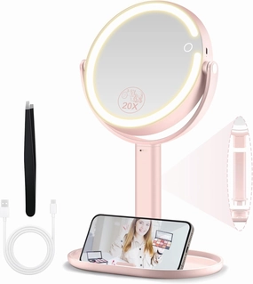 Makeup Mirror with Lights, Double Sided 1x/20x Magnifying Mirror with Light, Rechargeable 3 Color Lights and Adjustable Brightness, 360° Rotation Detachable Comes with Tweezer(Pink)