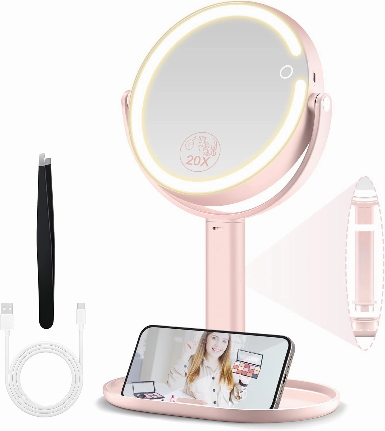Makeup Mirror with Lights, Double Sided 1x/20x Magnifying Mirror with Light, Rechargeable 3 Color Lights and Adjustable Brightness, 360° Rotation Detachable Comes with Tweezer(Pink)