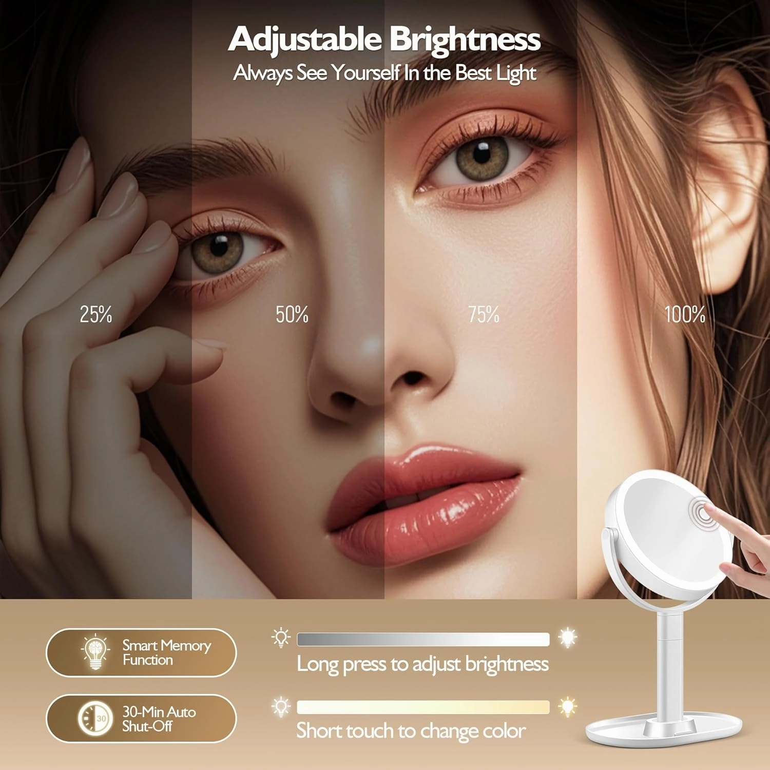 Makeup Mirror with Lights, Double Sided Magnifying Mirror with Light 20X, Height Adjustable Light Up Mirror, Rechargeable 3 Color Lights, 360° Rotation Detachable Comes with Tweezer (White)