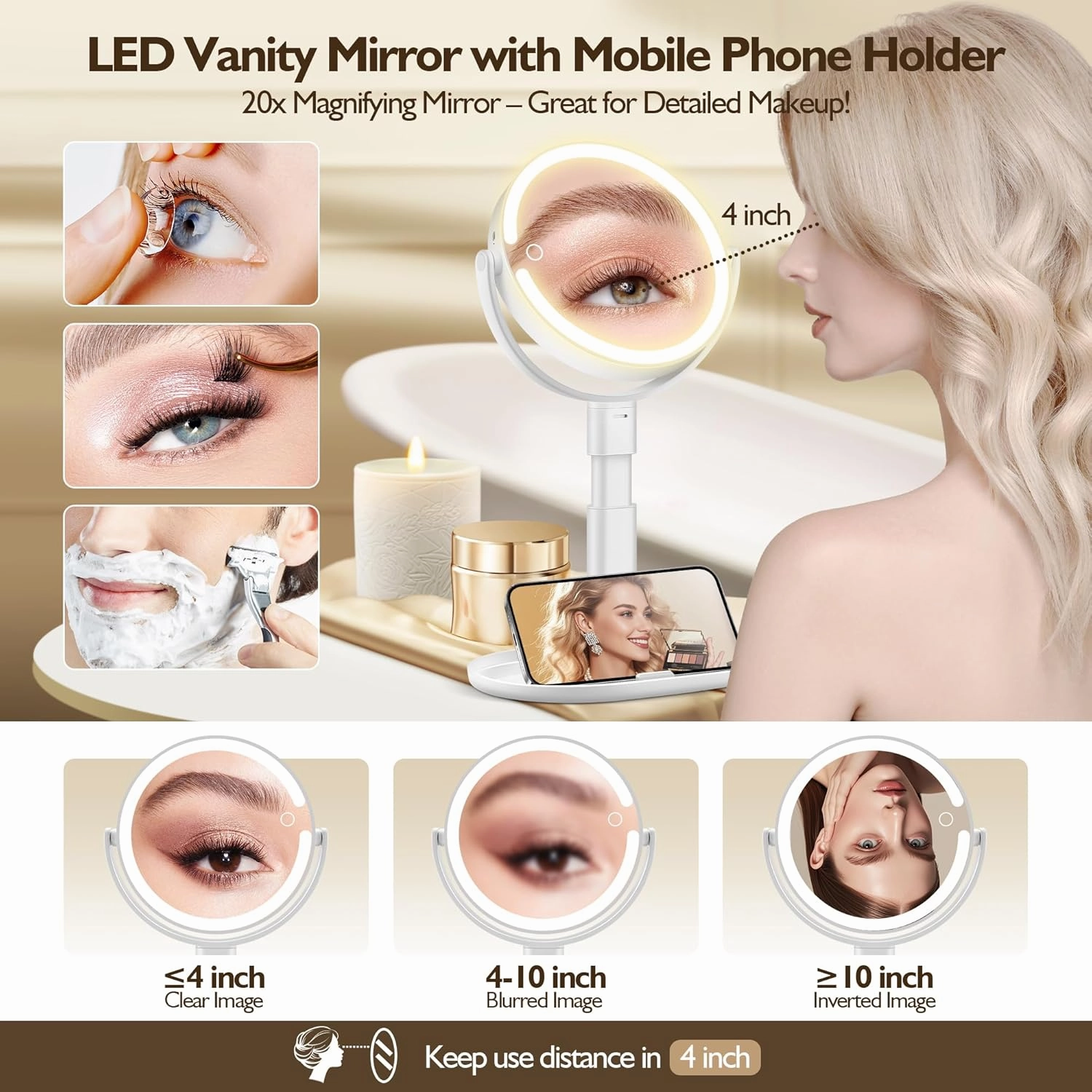Makeup Mirror with Lights, Double Sided Magnifying Mirror with Light 20X, Height Adjustable Light Up Mirror, Rechargeable 3 Color Lights, 360° Rotation Detachable Comes with Tweezer (White)