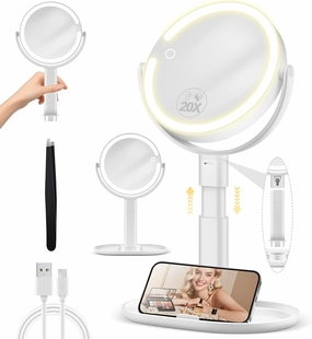 Makeup Mirror with Lights, Double Sided Magnifying Mirror with Light 20X, Height Adjustable Light Up Mirror, Rechargeable 3 Color Lights, 360° Rotation Detachable Comes with Tweezer (White)