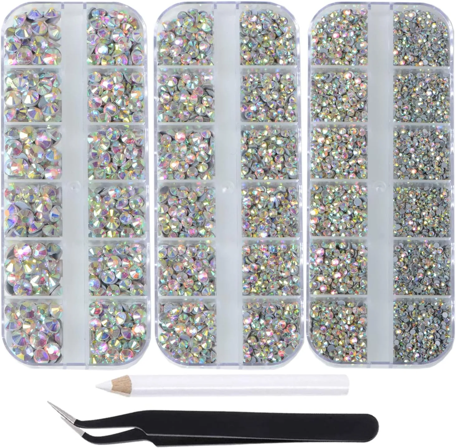 Massive Beads 6500pcs  Flatback Glass Hotfix Iron On Rhinestones Crystal for DIY Making with 1 Tweezer & 1 Picking Pen for Shoes, Clothes, Face Art, Bags, Manicure (Crystal AB, 6-Sizes)