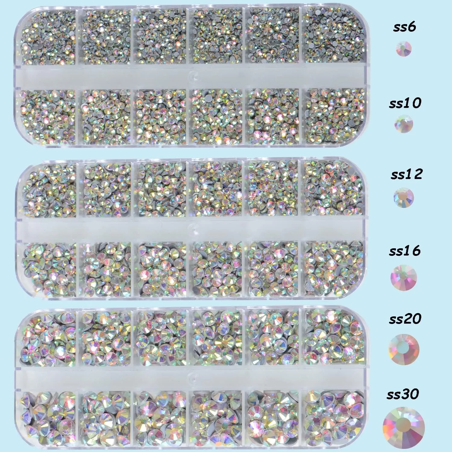 Massive Beads 6500pcs  Flatback Glass Hotfix Iron On Rhinestones Crystal for DIY Making with 1 Tweezer & 1 Picking Pen for Shoes, Clothes, Face Art, Bags, Manicure (Crystal AB, 6-Sizes)