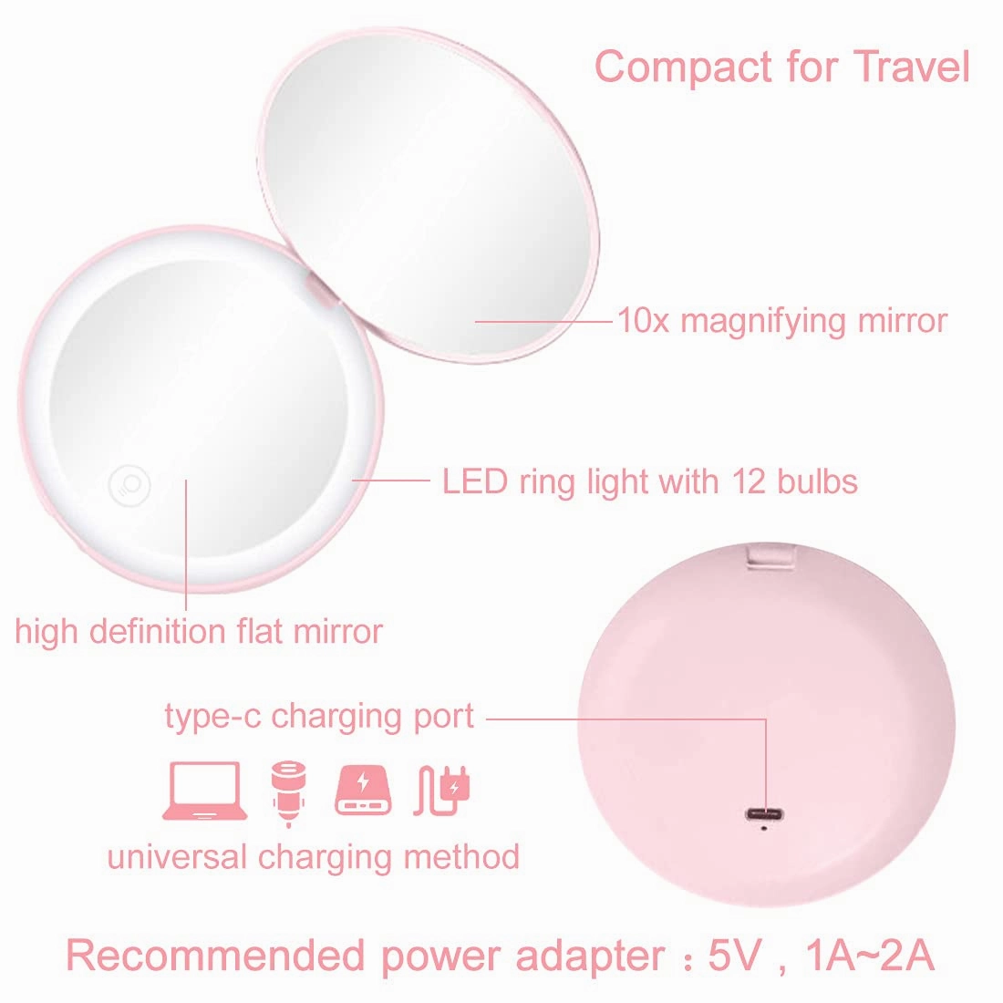 Milishow Compact Mirror with LED Light,1x/10x Magnifying Rechargeable Mirror,3.5in, Dimmable Travel Mirror for Purse,Pocket,Handheld 2-Sided Makeup Mirror