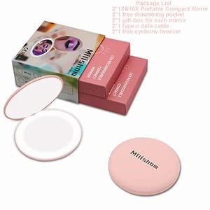 Milishow Compact Mirror with LED Light,1x/10x Magnifying Rechargeable Mirror,3.5in, Dimmable Travel Mirror for Purse,Pocket,Handheld 2-Sided Makeup Mirror