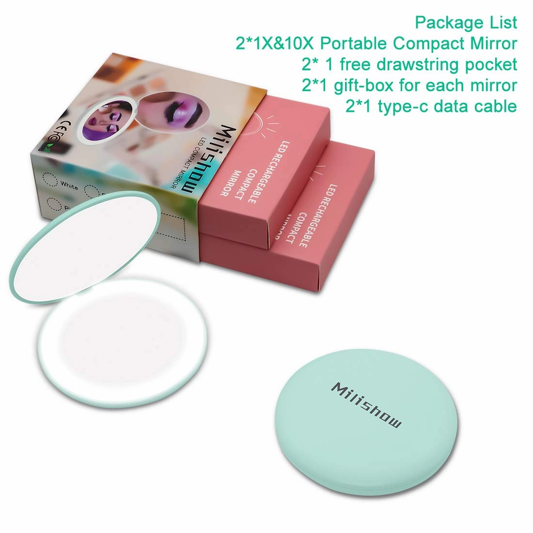 Milishow Compact Mirror with LED Light,1x/10x Magnifying Rechargeable Mirror,3.5in, Dimmable Travel Mirror for Purse,Pocket,Handheld 2-Sided Makeup Mirror