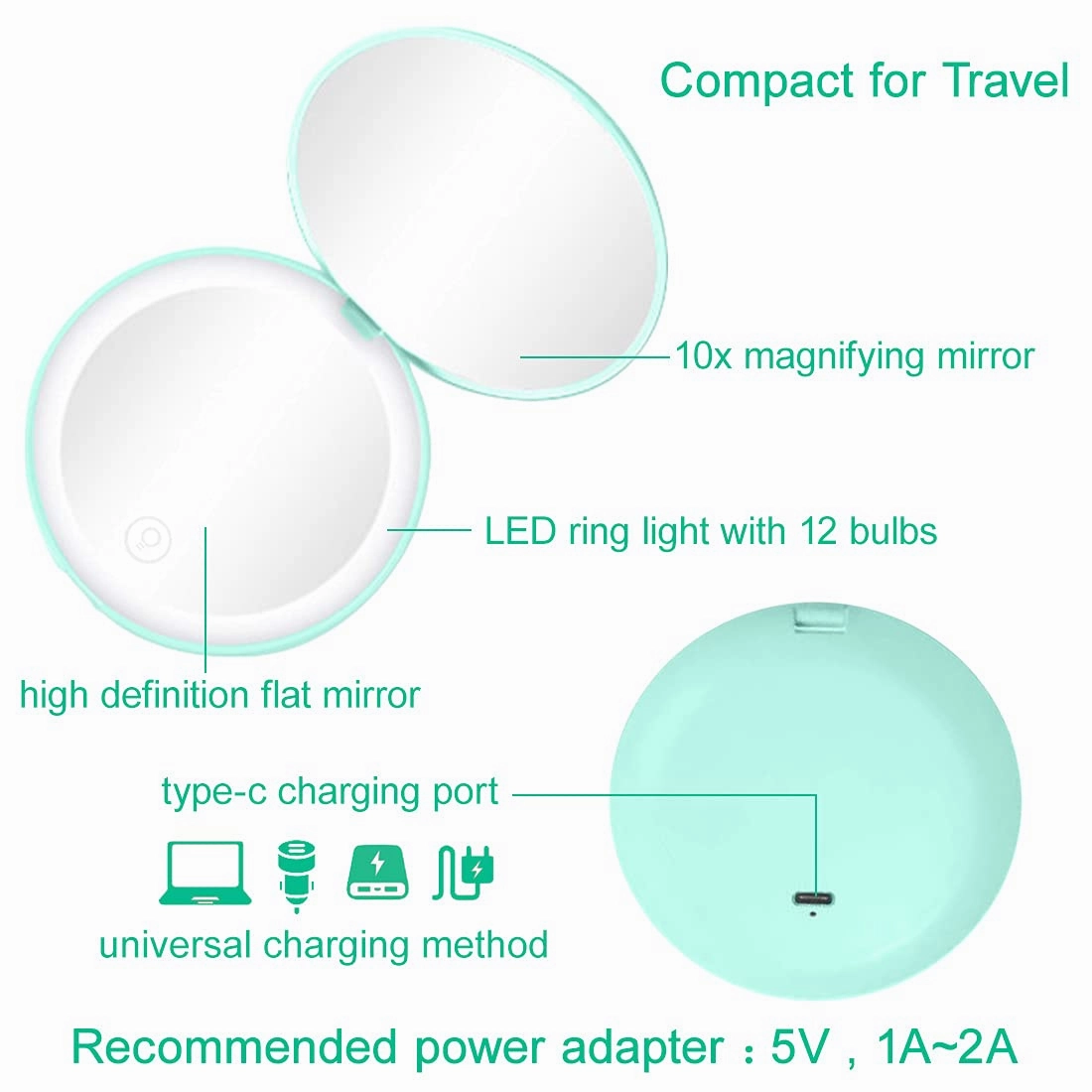 Milishow Compact Mirror with LED Light,1x/10x Magnifying Rechargeable Mirror,3.5in, Dimmable Travel Mirror for Purse,Pocket,Handheld 2-Sided Makeup Mirror