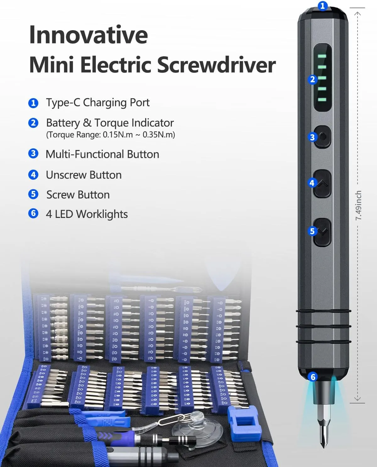 Mini Electric Screwdriver Set 140-IN-1: UnaMela Small Electric Screwdriver Cordless - 120 Precision Bits, 5 Torque Settings, LED Light, Magnetic Power Screwdriver Repair Tool Kit for PC RC Electronics