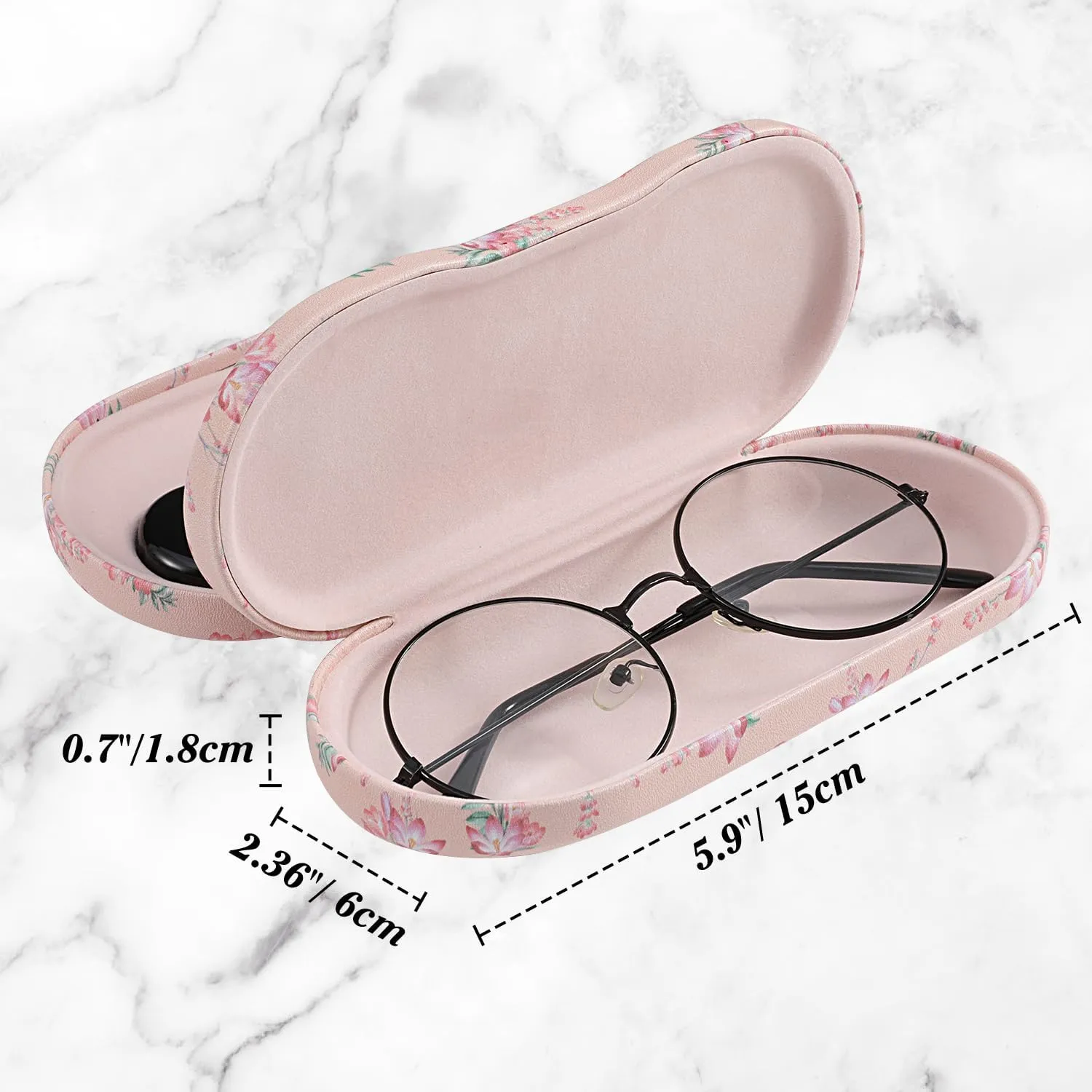 MoKo Double Eyeglass Case, 2 in 1 Double Sided Portable Glasses Case Contact Lens Case with Mirror Eye Glasses Carrying Bag Anti-Scratch Sunglasses Pouch Protective Eyewear for Men&Women, Pink Flowers