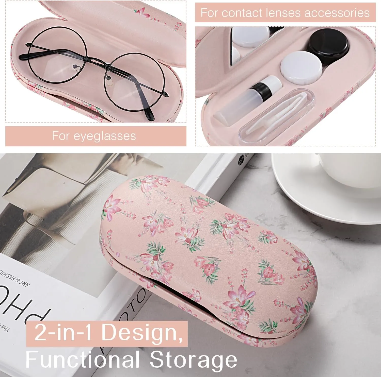 MoKo Double Eyeglass Case, 2 in 1 Double Sided Portable Glasses Case Contact Lens Case with Mirror Eye Glasses Carrying Bag Anti-Scratch Sunglasses Pouch Protective Eyewear for Men&Women, Pink Flowers