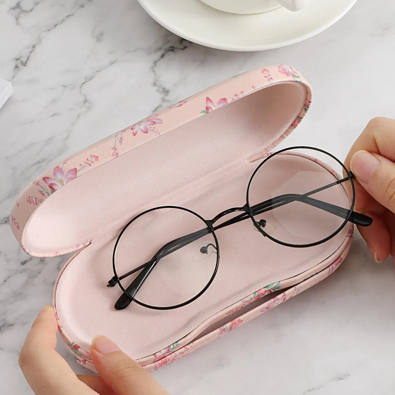 MoKo Double Eyeglass Case, 2 in 1 Double Sided Portable Glasses Case Contact Lens Case with Mirror Eye Glasses Carrying Bag Anti-Scratch Sunglasses Pouch Protective Eyewear for Men&Women, Pink Flowers