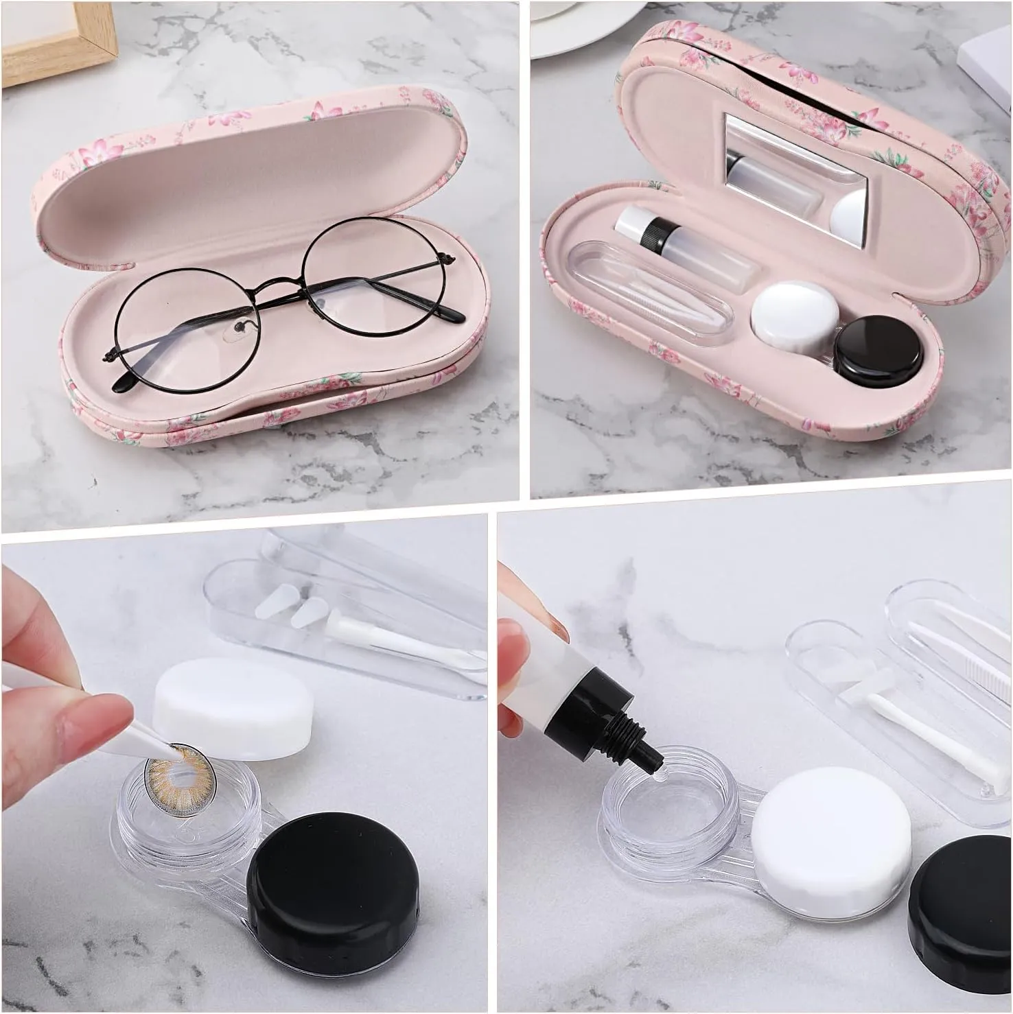 MoKo Double Eyeglass Case, 2 in 1 Double Sided Portable Glasses Case Contact Lens Case with Mirror Eye Glasses Carrying Bag Anti-Scratch Sunglasses Pouch Protective Eyewear for Men&Women, Pink Flowers