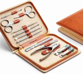 MR.GREEN Manicure Set 12 in 1 Full Function Nail Clippers Personal Care Tool Kits Stainless Steel Pedicure Sets with Leather Case Idea Gift (12Pcs Set) Brown