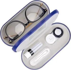 Muf 2 in 1 Contact Lens Case and Glasses Case,Double Sided Dual Use Design,Leak Proof & Portable,Tweezer and Contact Lens Solution Bottle Included for Travel Kit,Blue
