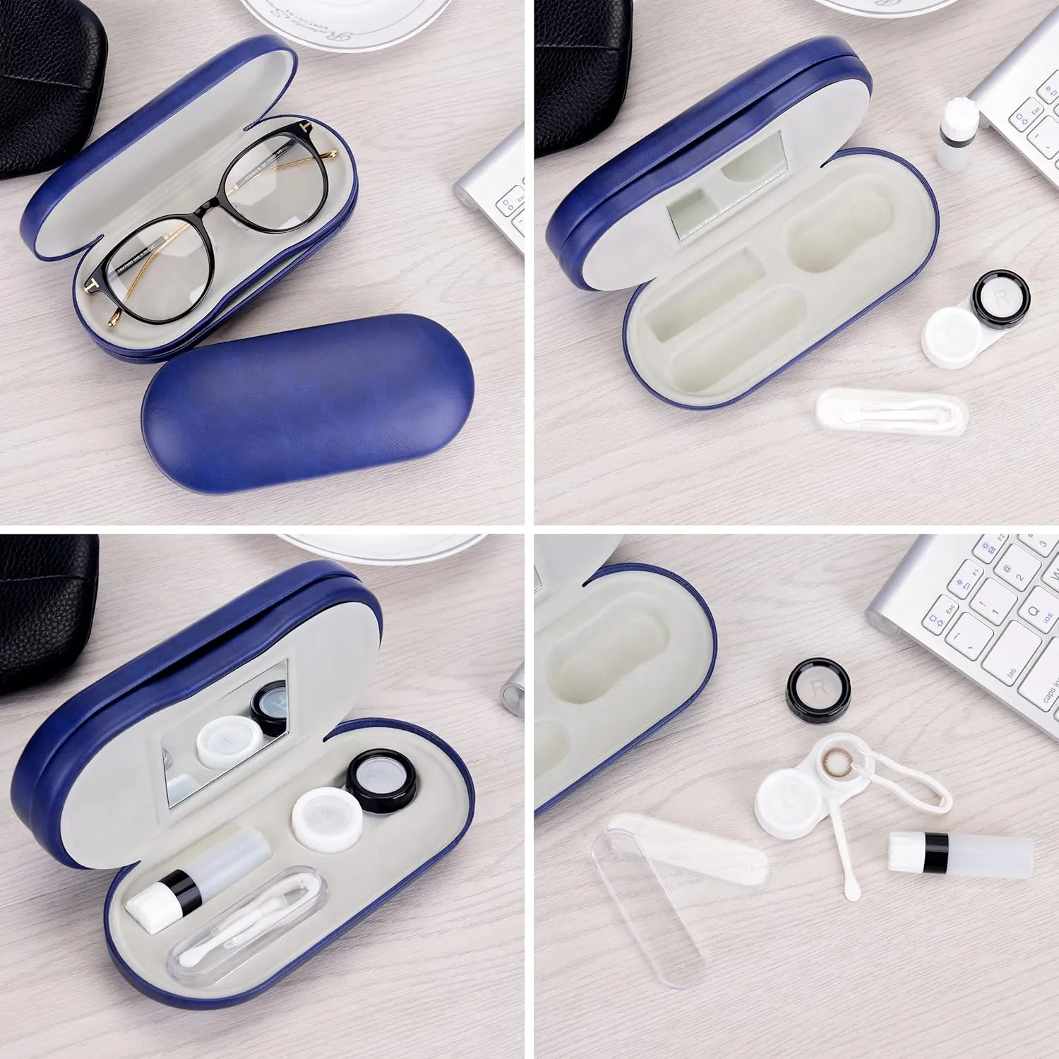Muf 2 in 1 Contact Lens Case and Glasses Case,Double Sided Dual Use Design,Leak Proof & Portable,Tweezer and Contact Lens Solution Bottle Included for Travel Kit,Blue