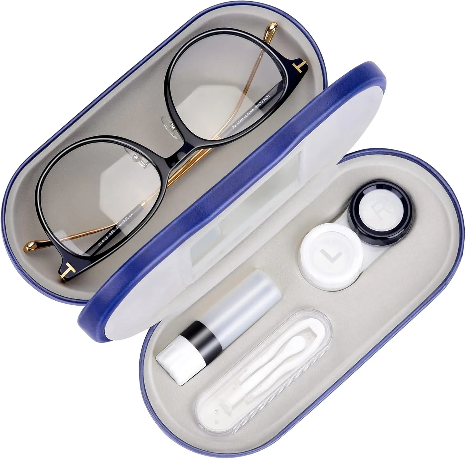 Muf 2 in 1 Contact Lens Case and Glasses Case,Double Sided Dual Use Design,Leak Proof & Portable,Tweezer and Contact Lens Solution Bottle Included for Travel Kit,Blue