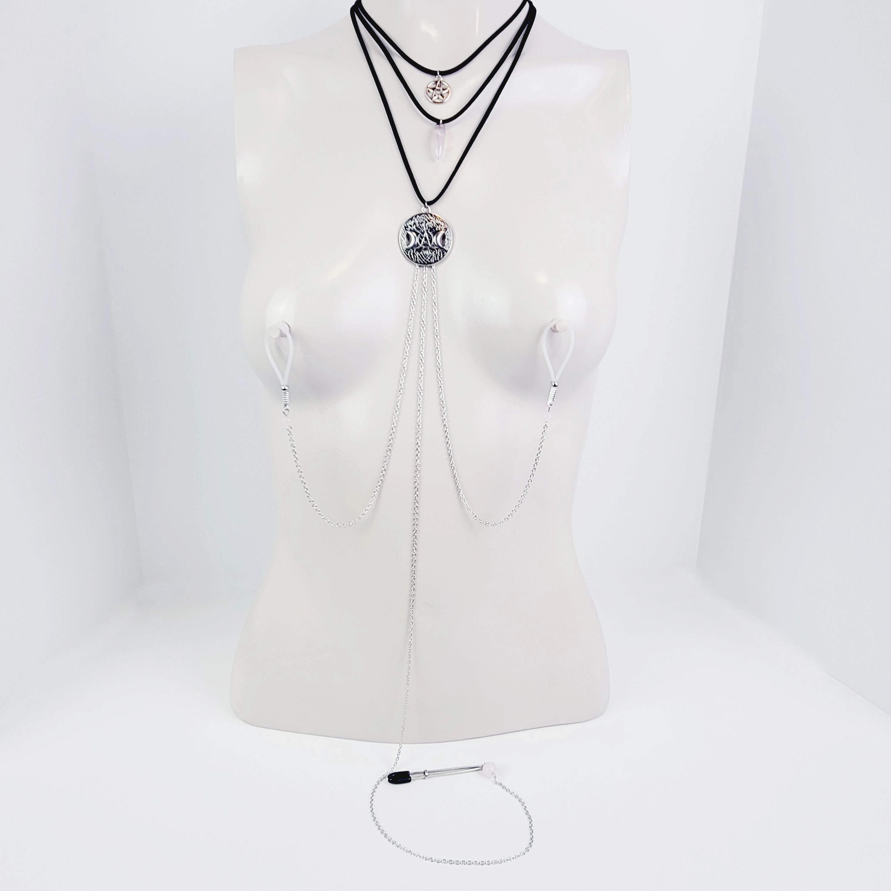 Multi Necklace Set with Amethyst- Necklace to Nipple, Non Piercing and Nipple Clamp Options.