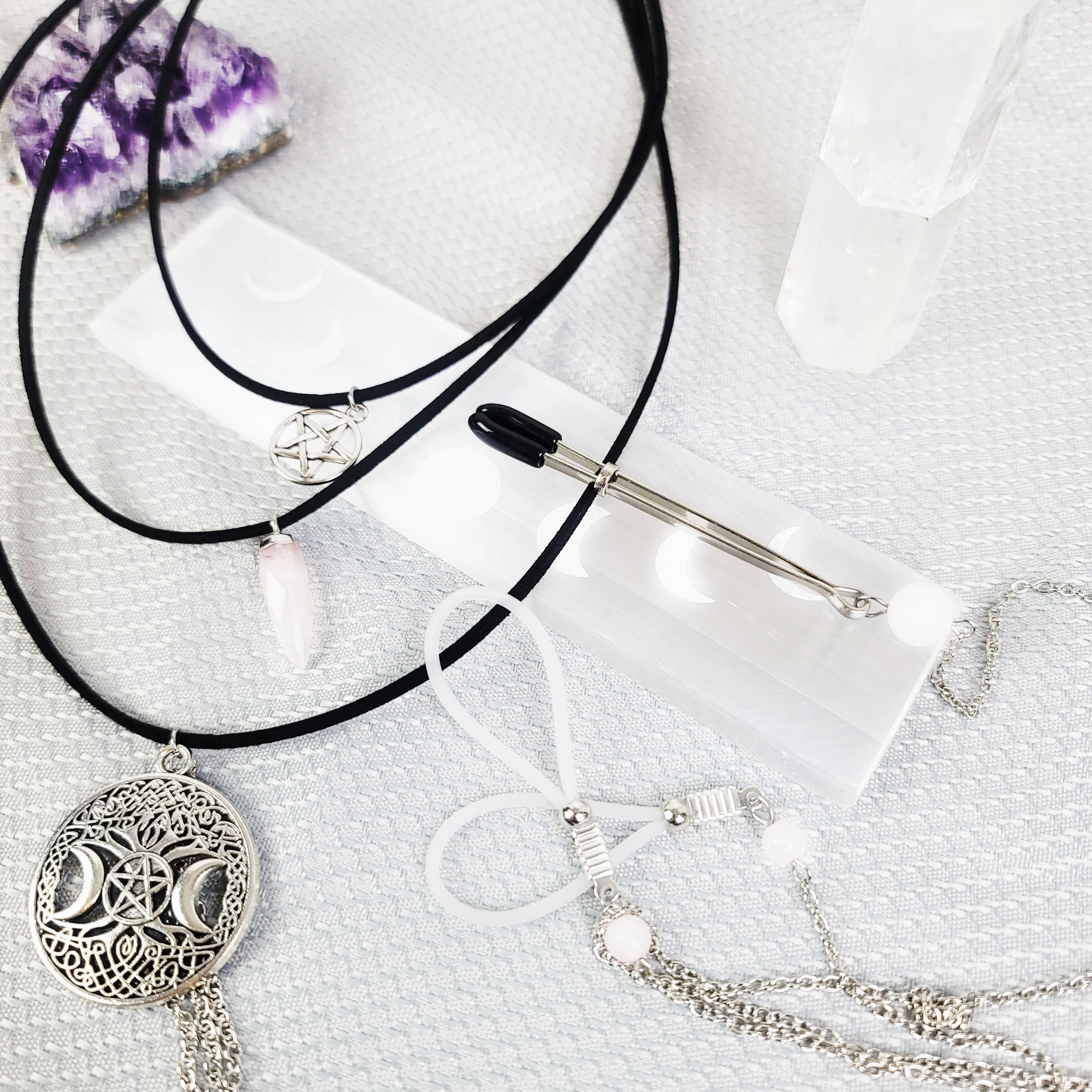 Multi Necklace Set with Amethyst- Necklace to Nipple, Non Piercing and Nipple Clamp Options.