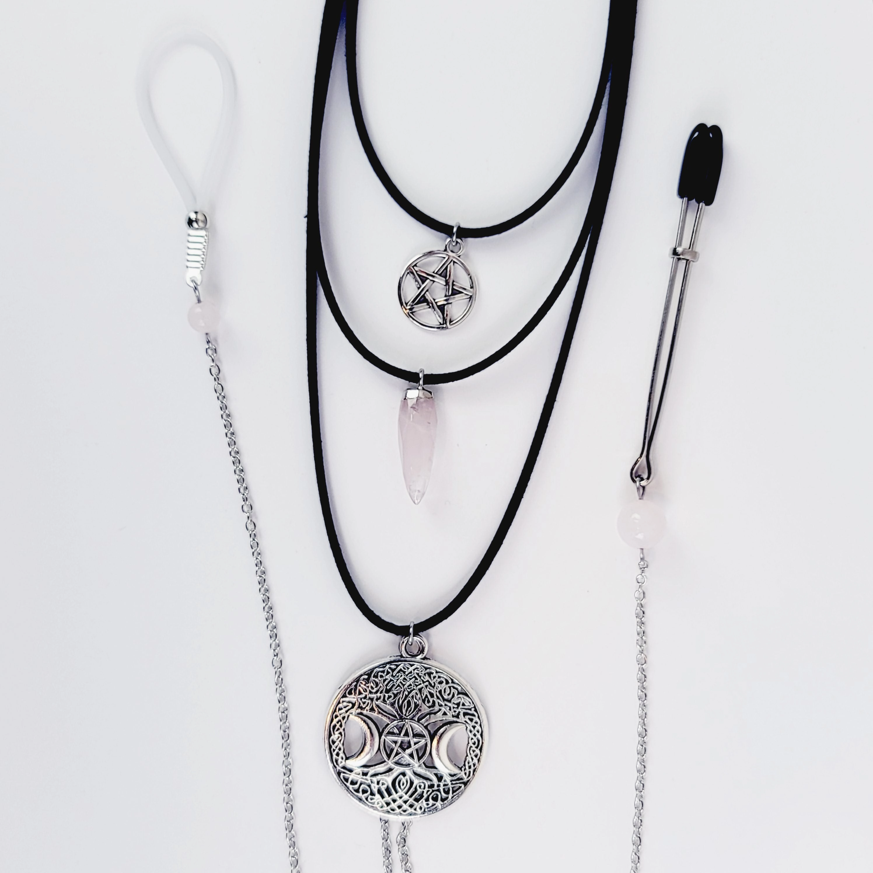 Multi Necklace Set with Amethyst- Necklace to Nipple, Non Piercing and Nipple Clamp Options.