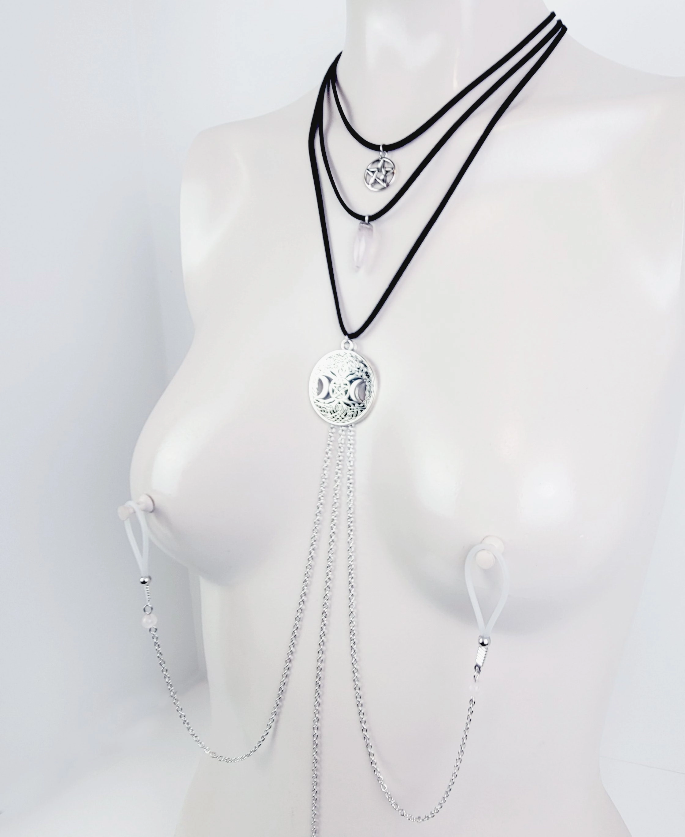 Multi Necklace Set with Amethyst- Necklace to Nipple, Non Piercing and Nipple Clamp Options.