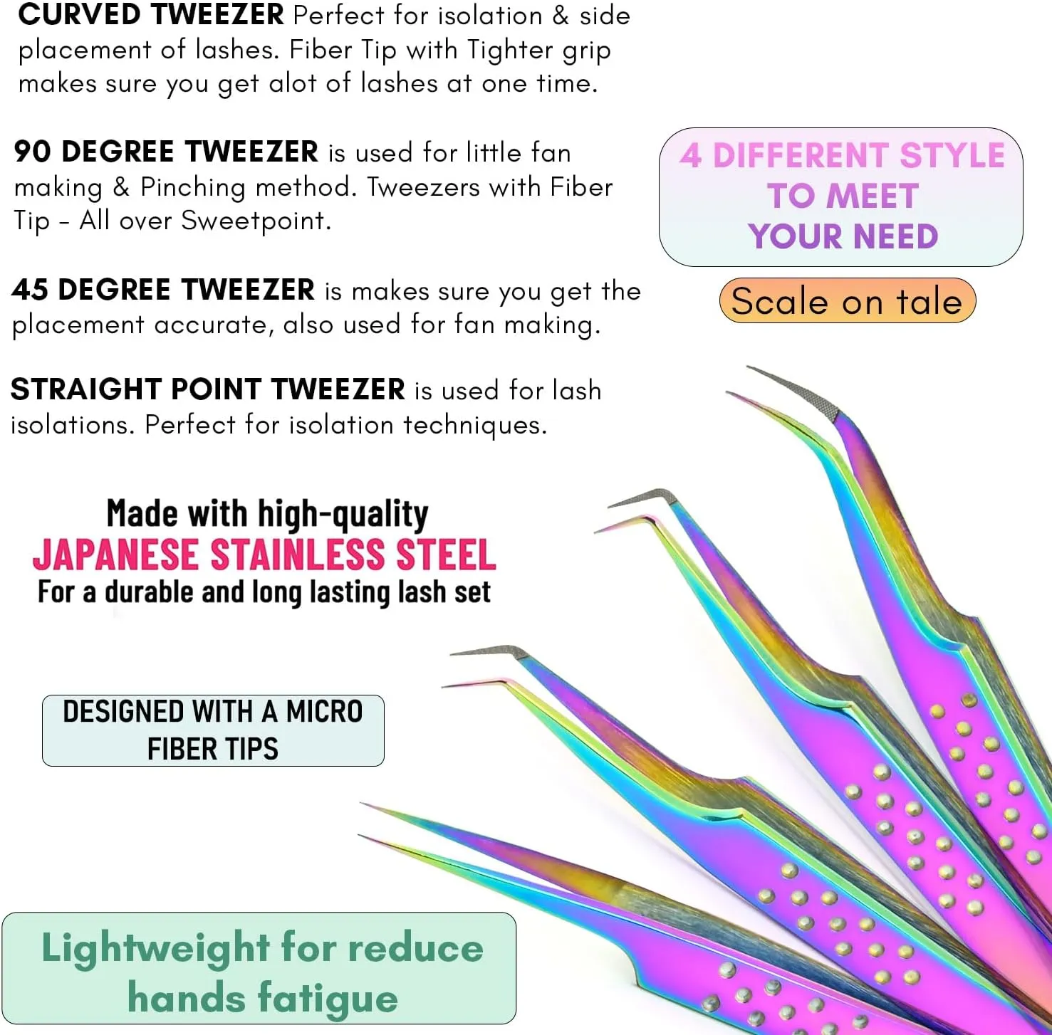 My Lash Tools - Fiber Tip Lash Tweezers for Eyelash Extensions Professional SET OF 4 Isolation, Curved & Volume Lash Tweezers set Japanese Steel Lash Supply (Rainbow)