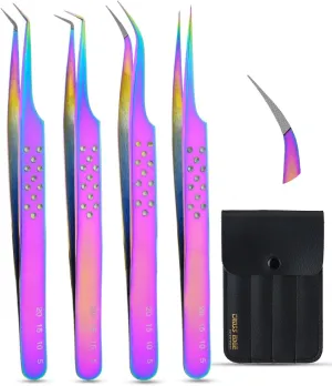 My Lash Tools - Fiber Tip Lash Tweezers for Eyelash Extensions Professional SET OF 4 Isolation, Curved & Volume Lash Tweezers set Japanese Steel Lash Supply (Rainbow)