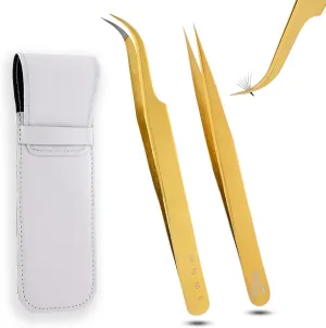 My Lash Tools - New Fiber Tip Lash Tweezers for Eyelash Extensions Tweezers SET OF 2 Mini Isolation & Microgrip Tip Curved Volume Tweezers Japanese Steel Lashing Tweezer (GoldSet1)