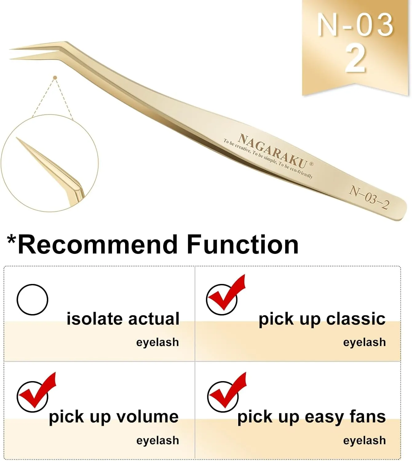 NAGARAKU Eyelash Extension Tweezers Gold Straight Curved Angled Long tip Volume Cluster Light Weight Easy Fanning Tweezer Stainless Steel Precision 1 Pair Tweezers for Lash(N-02-2 & N-03-2)