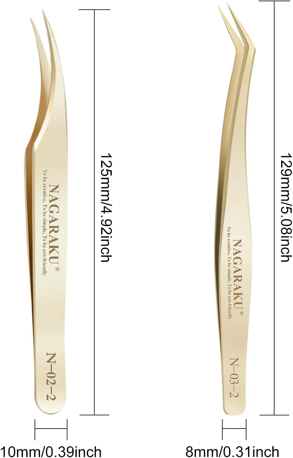 NAGARAKU Eyelash Extension Tweezers Gold Straight Curved Angled Long tip Volume Cluster Light Weight Easy Fanning Tweezer Stainless Steel Precision 1 Pair Tweezers for Lash(N-02-2 & N-03-2)