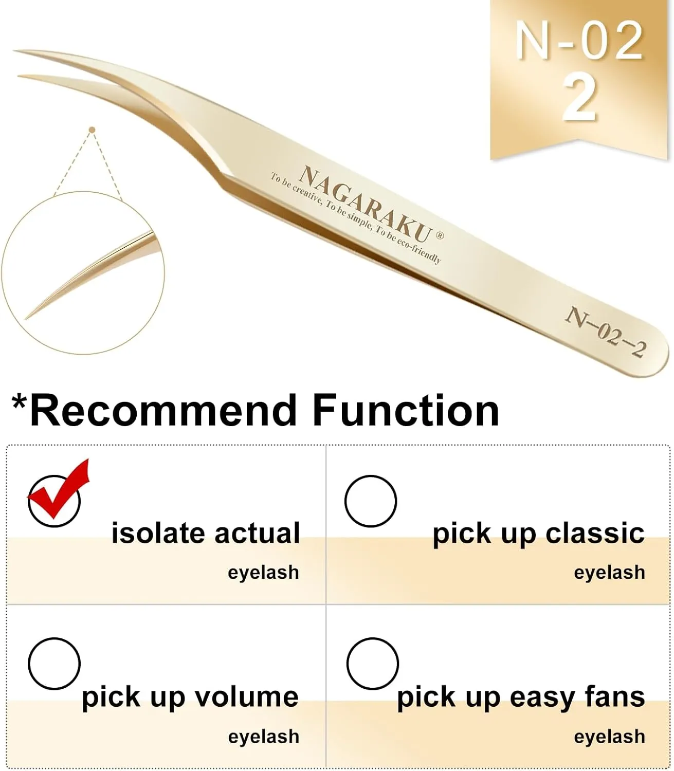 NAGARAKU Eyelash Extension Tweezers Gold Straight Curved Angled Long tip Volume Cluster Light Weight Easy Fanning Tweezer Stainless Steel Precision 1 Pair Tweezers for Lash(N-02-2 & N-03-2)
