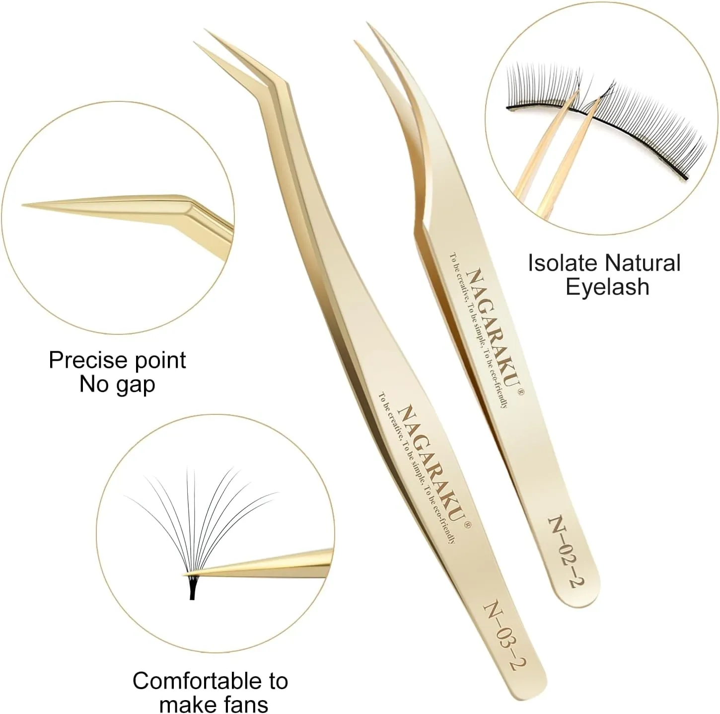 NAGARAKU Eyelash Extension Tweezers Gold Straight Curved Angled Long tip Volume Cluster Light Weight Easy Fanning Tweezer Stainless Steel Precision 1 Pair Tweezers for Lash(N-02-2 & N-03-2)