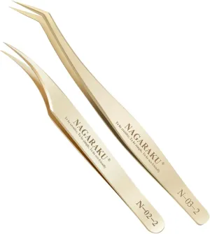 NAGARAKU Eyelash Extension Tweezers Gold Straight Curved Angled Long tip Volume Cluster Light Weight Easy Fanning Tweezer Stainless Steel Precision 1 Pair Tweezers for Lash(N-02-2 & N-03-2)