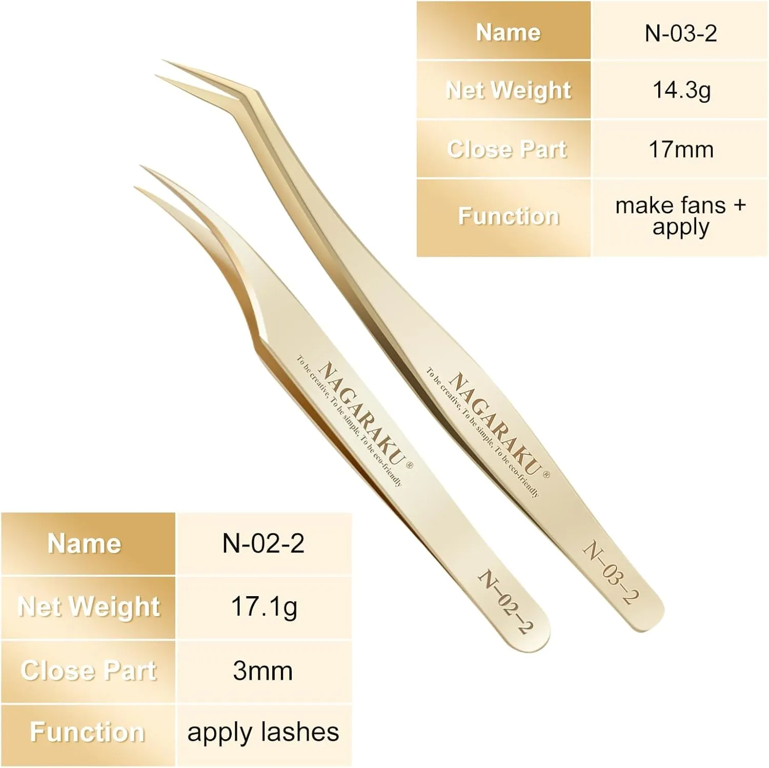 NAGARAKU Eyelash Extension Tweezers Gold Straight Curved Angled Long tip Volume Cluster Light Weight Easy Fanning Tweezer Stainless Steel Precision 1 Pair Tweezers for Lash(N-02-2 & N-03-2)