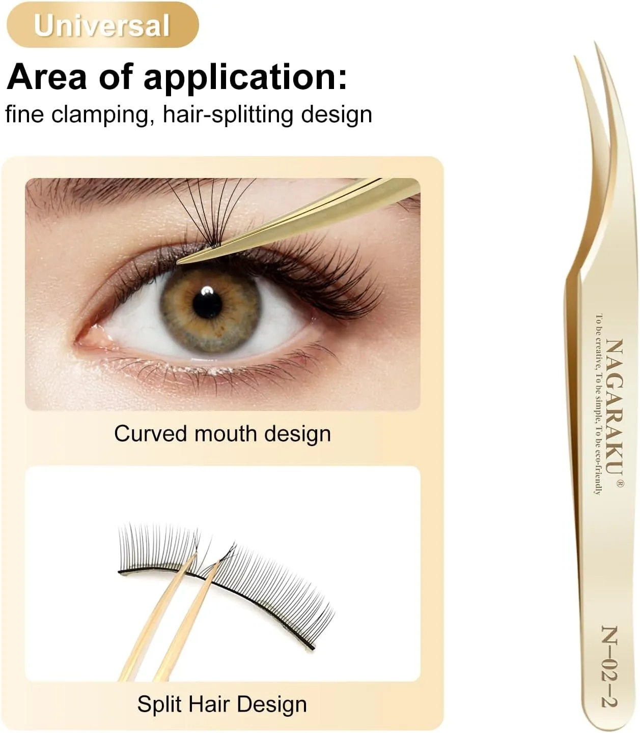 NAGARAKU Eyelash Extension Tweezers Gold Straight Curved Angled Long tip Volume Cluster Light Weight Easy Fanning Tweezer Stainless Steel Precision 1 Pair Tweezers for Lash(N-02-2 & N-03-2)