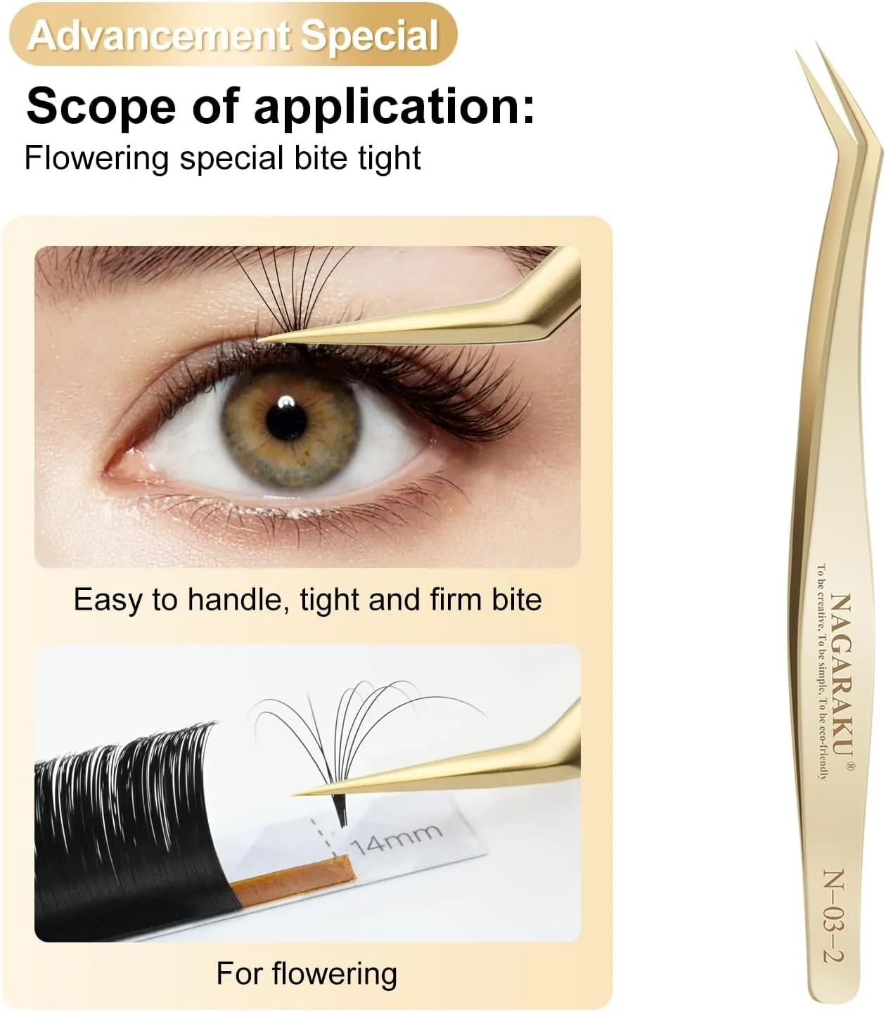 NAGARAKU Eyelash Extension Tweezers Gold Straight Curved Angled Long tip Volume Cluster Light Weight Easy Fanning Tweezer Stainless Steel Precision 1 Pair Tweezers for Lash(N-02-2 & N-03-2)