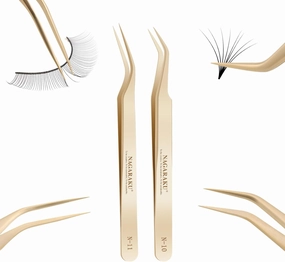 NAGARAKU 1 Pair Eyelash Extension Tweezers Set, Gold Curved Volume Make Fans Isolation Lash Tweezers Precision Pinzas Light Weight Easy Fanning Stainless Steel Precision for Lashes (N-10 & N-11)