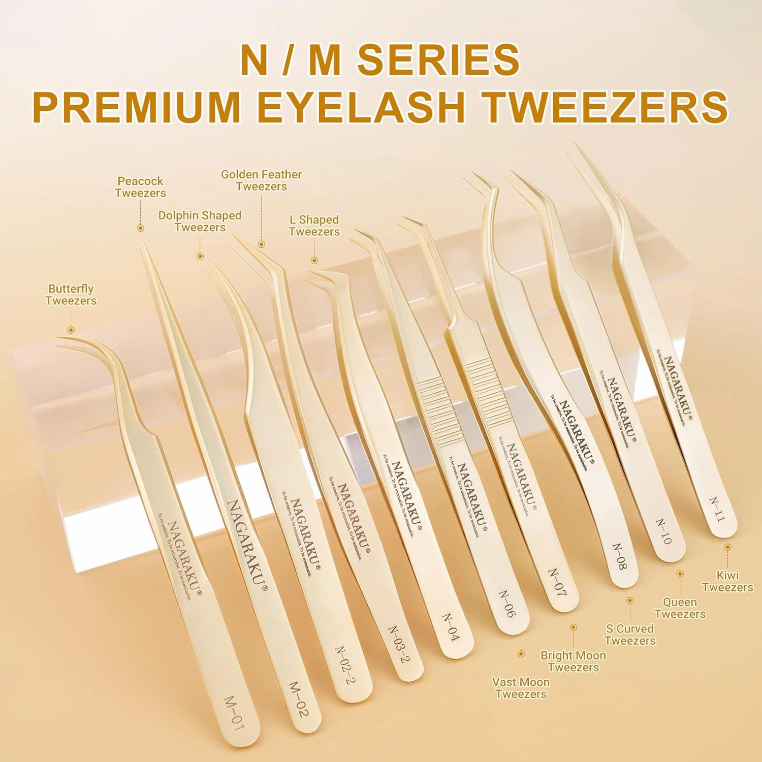 NAGARAKU 1 Pair Eyelash Extension Tweezers Set, Gold Curved Volume Make Fans Isolation Lash Tweezers Precision Pinzas Light Weight Easy Fanning Stainless Steel Precision for Lashes (N-10 & N-11)